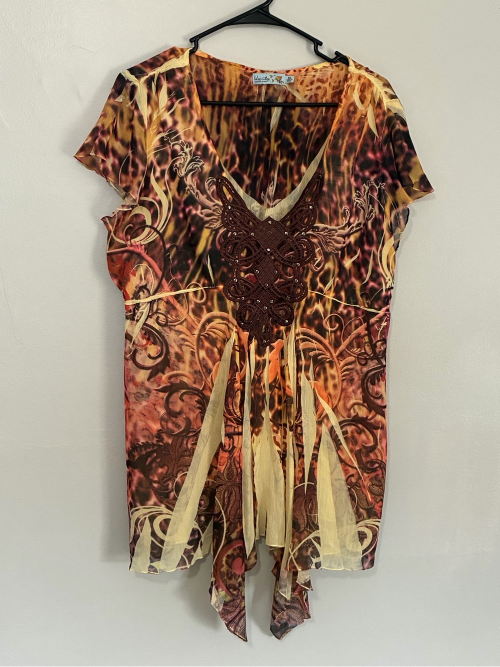 Unity World Wear Brown & Gold V‑Neck Decorative Tunic Top